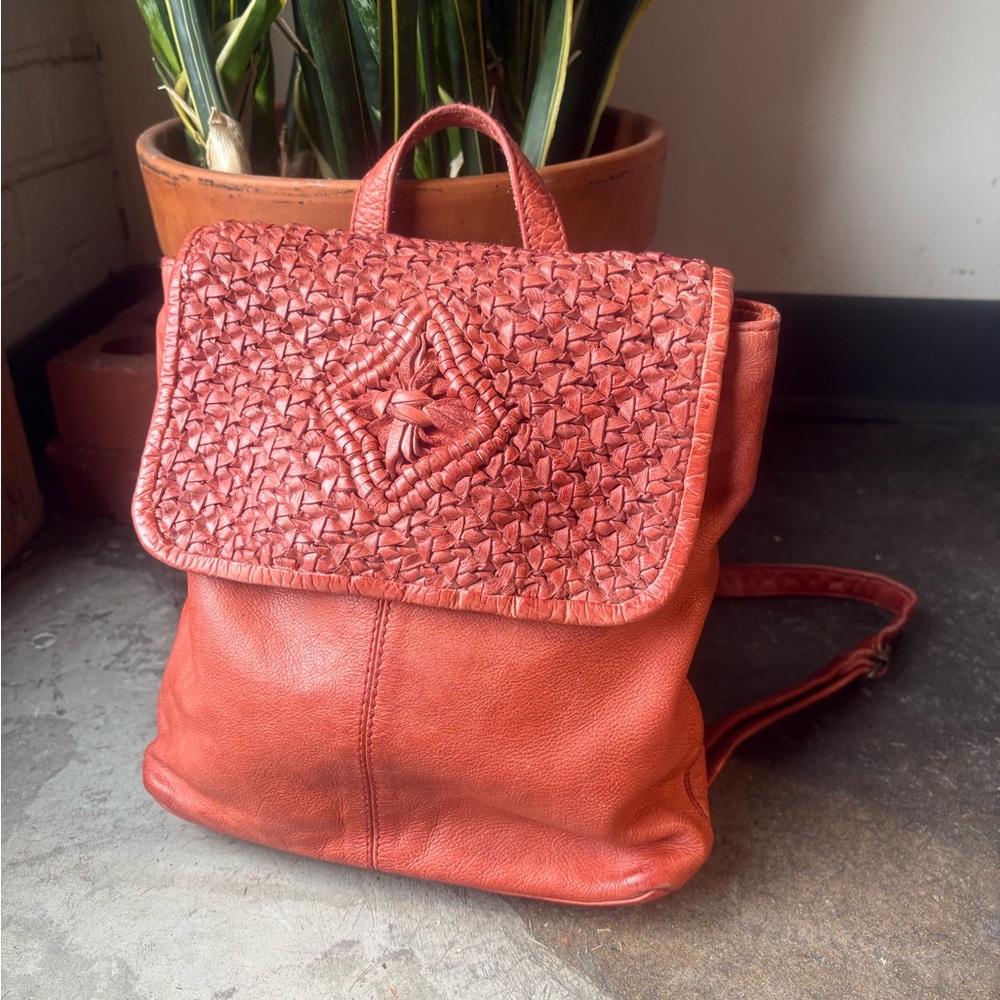 Frye Coral Colored Leather Backpack with Woven Detail